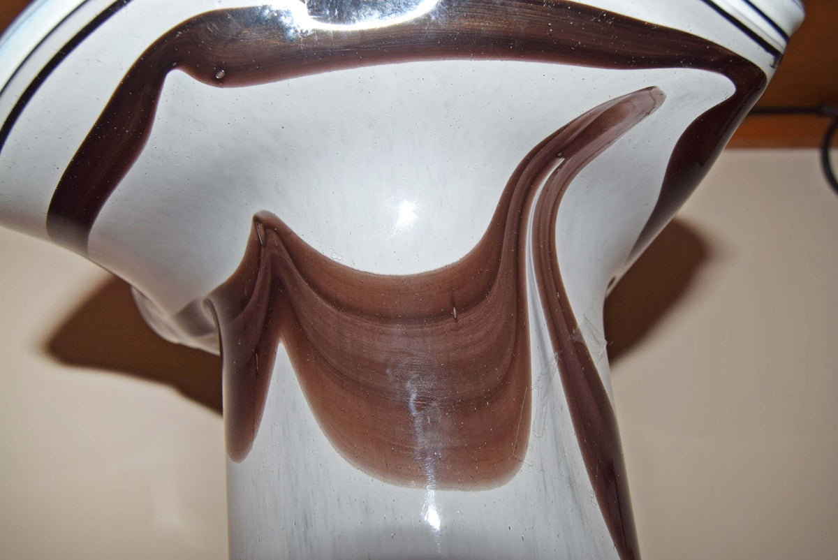 Oberstdorfer Glashutte Handkerchief Vase Large 14 inch | Hand Blown Marbled Glass White Brown Fazzoletto