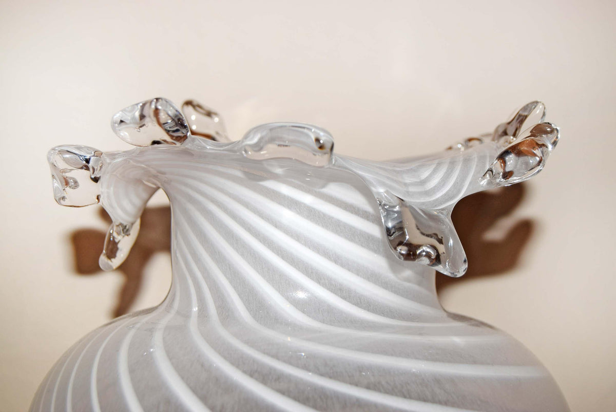Vintage IKEA Art Glass Vase 13 inch - Mouth Blown White Swirl Lattimo Filigree Pattern, Rare Scandinavian Glass