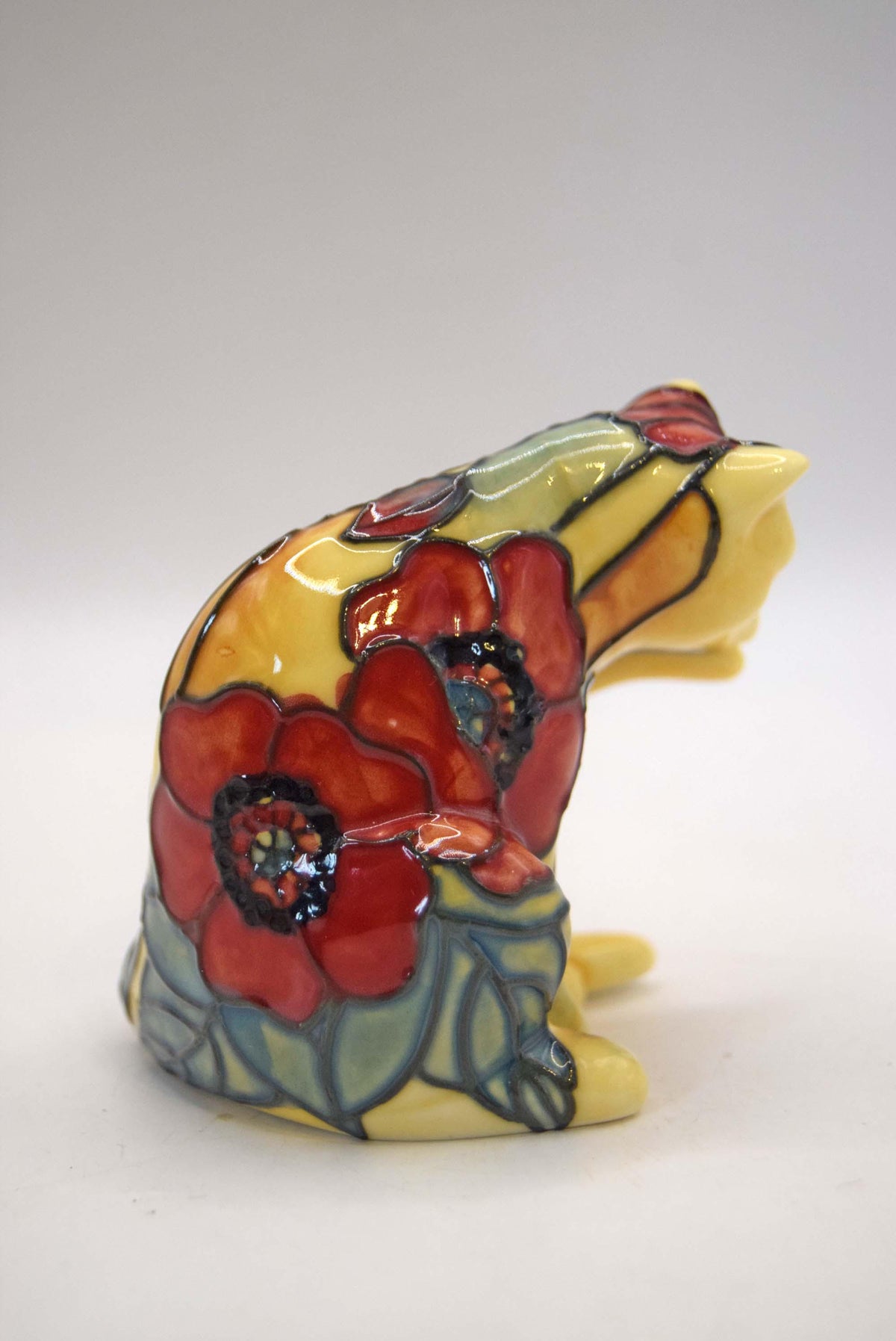 Old Tupton Ware Ceramic Grooming Sitting Cat Figurine - Hand-Painted Floral Yellow Poppy