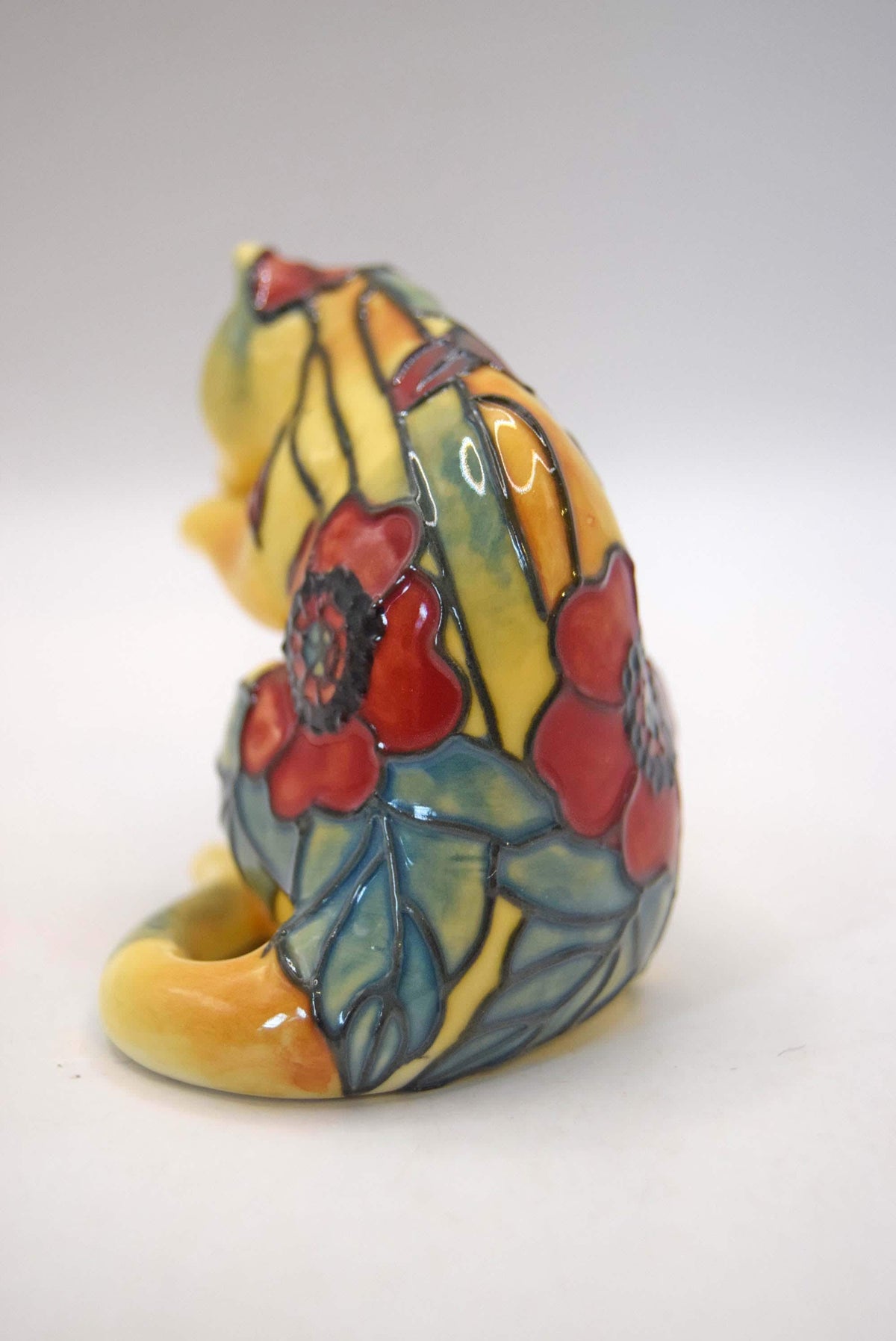 Old Tupton Ware Ceramic Grooming Sitting Cat Figurine - Hand-Painted Floral Yellow Poppy