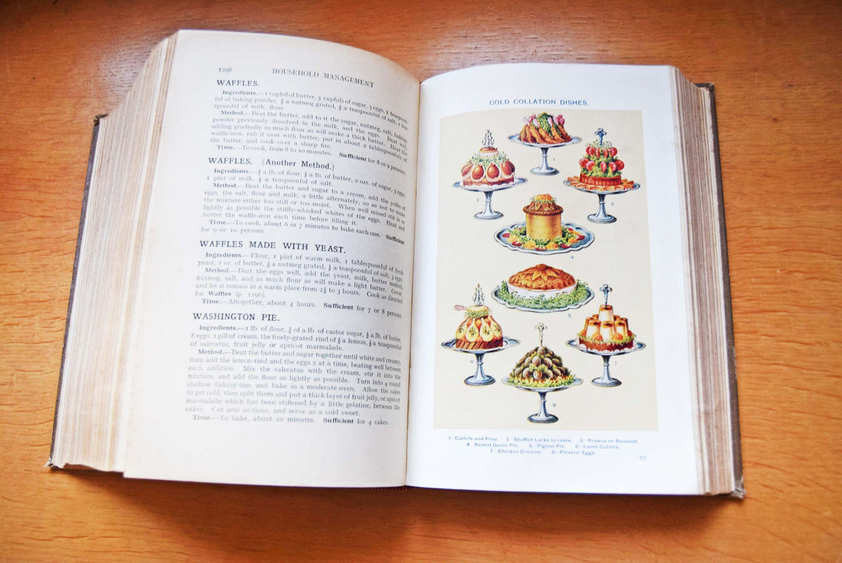 This is a highly sought-after 1923 edition of the quintessential British domestic guide. This specific edition marked a major historical milestone, heavily adapting recipes and household instructions for the post-WWI era—introducing early sections on labor-saving appliances and adapting to a world with fewer domestic servants. It features approximately 1,680 pages, beautiful vibrant color plates, and hundreds of black-and-white illustrations.
