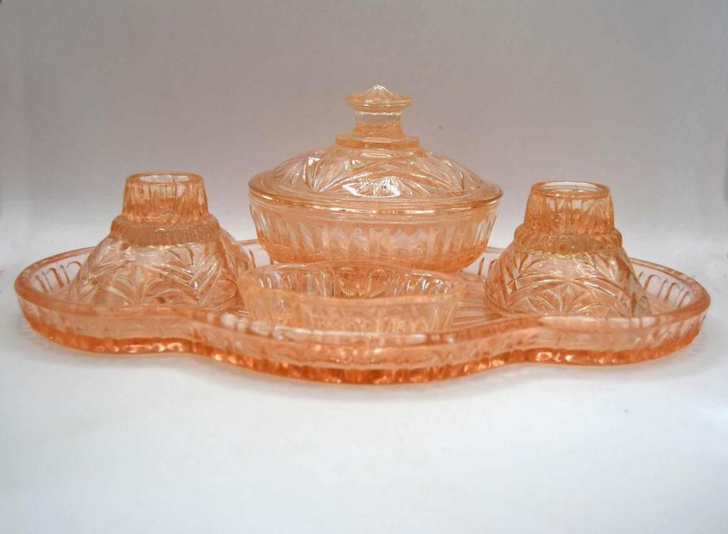 Art Deco Pink/Peach Cut Glass Dressing Table Vanity Set 1930s
