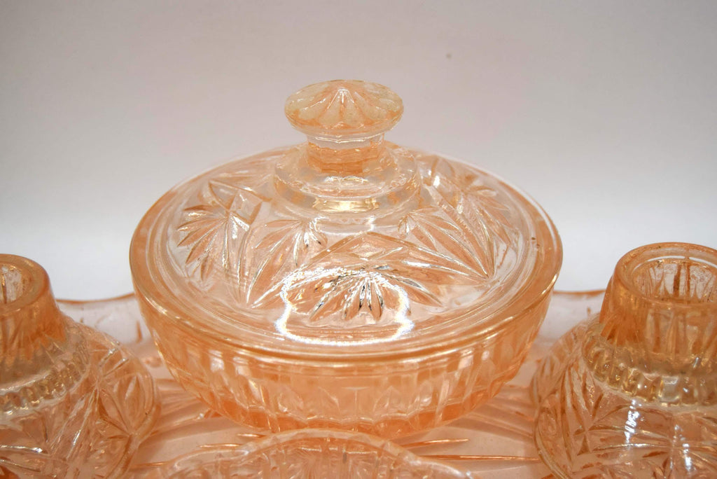 Art Deco Pink/Peach Cut Glass Dressing Table Vanity Set 1930s