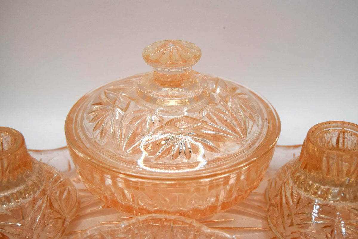 Art Deco Pink/Peach Cut Glass Dressing Table Vanity Set 1930s
