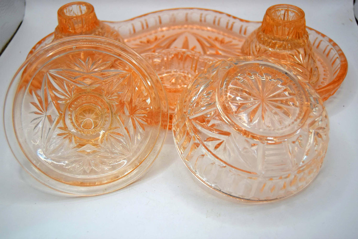 Art Deco Pink/Peach Cut Glass Dressing Table Vanity Set 1930s