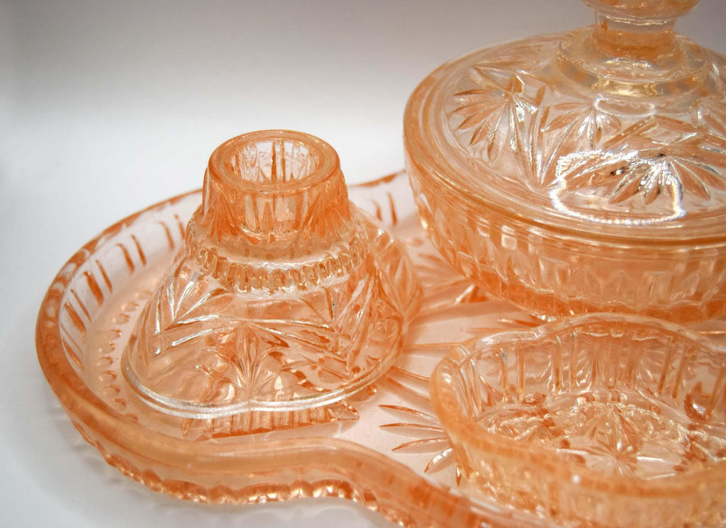 Art Deco Pink/Peach Cut Glass Dressing Table Vanity Set 1930s