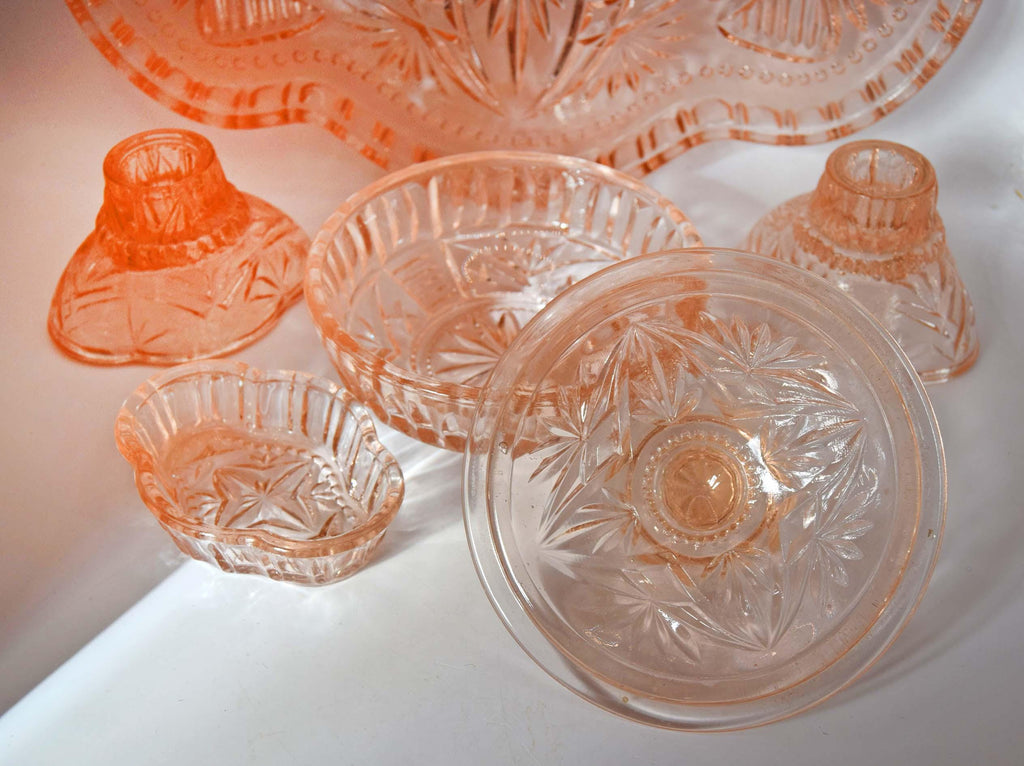 Art Deco Pink/Peach Cut Glass Dressing Table Vanity Set 1930s
