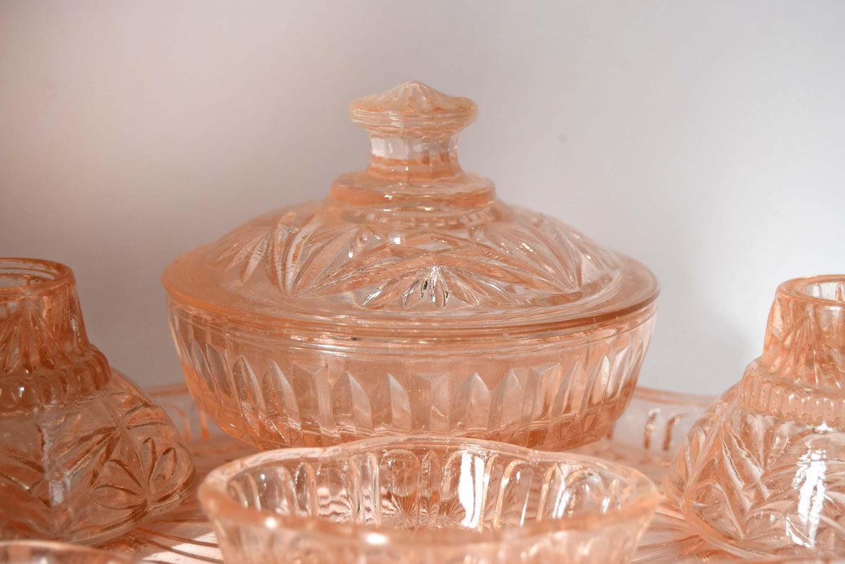 Art Deco Pink/Peach Cut Glass Dressing Table Vanity Set 1930s