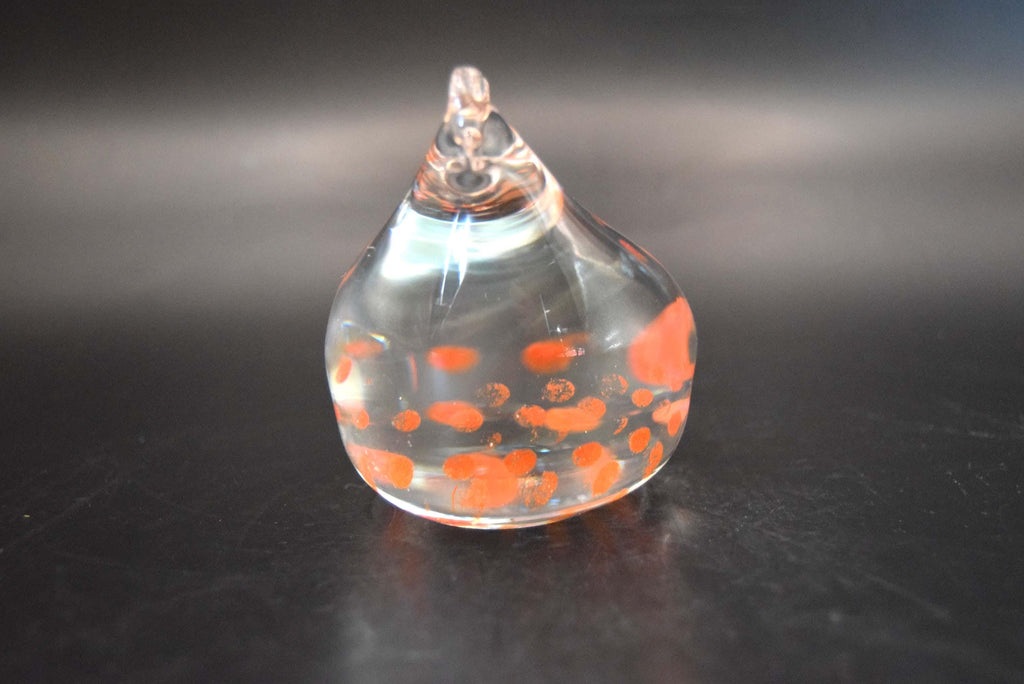 Delightful "Speckle the Hen" paperweight. Produced by the renowned Caithness Glass as part of their highly collectible "Zoo" series, this miniature figurine is a beautiful example of hand-blown craftsmanship.

The figurine features a stylized clear glass chicken body beautifully embedded with vibrant orange and red speckled mottling. Perfect for animal lovers, paperweight collectors, or country kitchen accent decor.

