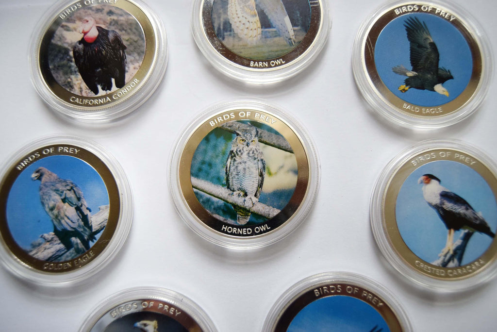 A set of round bird-themed collectible coins or medallions in clear plastic cases, arranged on a white background. The coins feature different bird illustrations and text such as 'BIRDS OF PREY' and species names including California condor, barn owl, red-tailed hawk, golden eagle, horned owl, and spotted caracara.