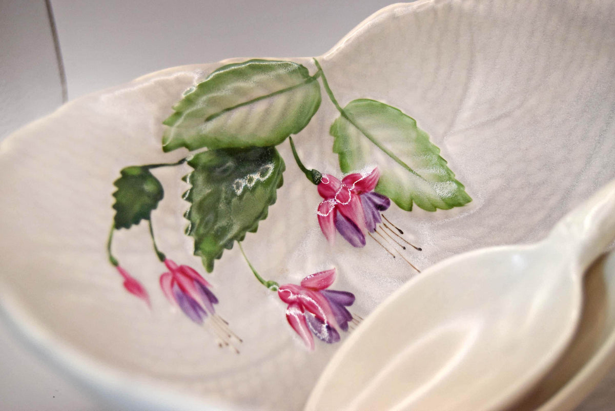Vintage 1930s Crown Devon Fuchsia Leaf Salad Bowl Set with Servers | Pristine Condition