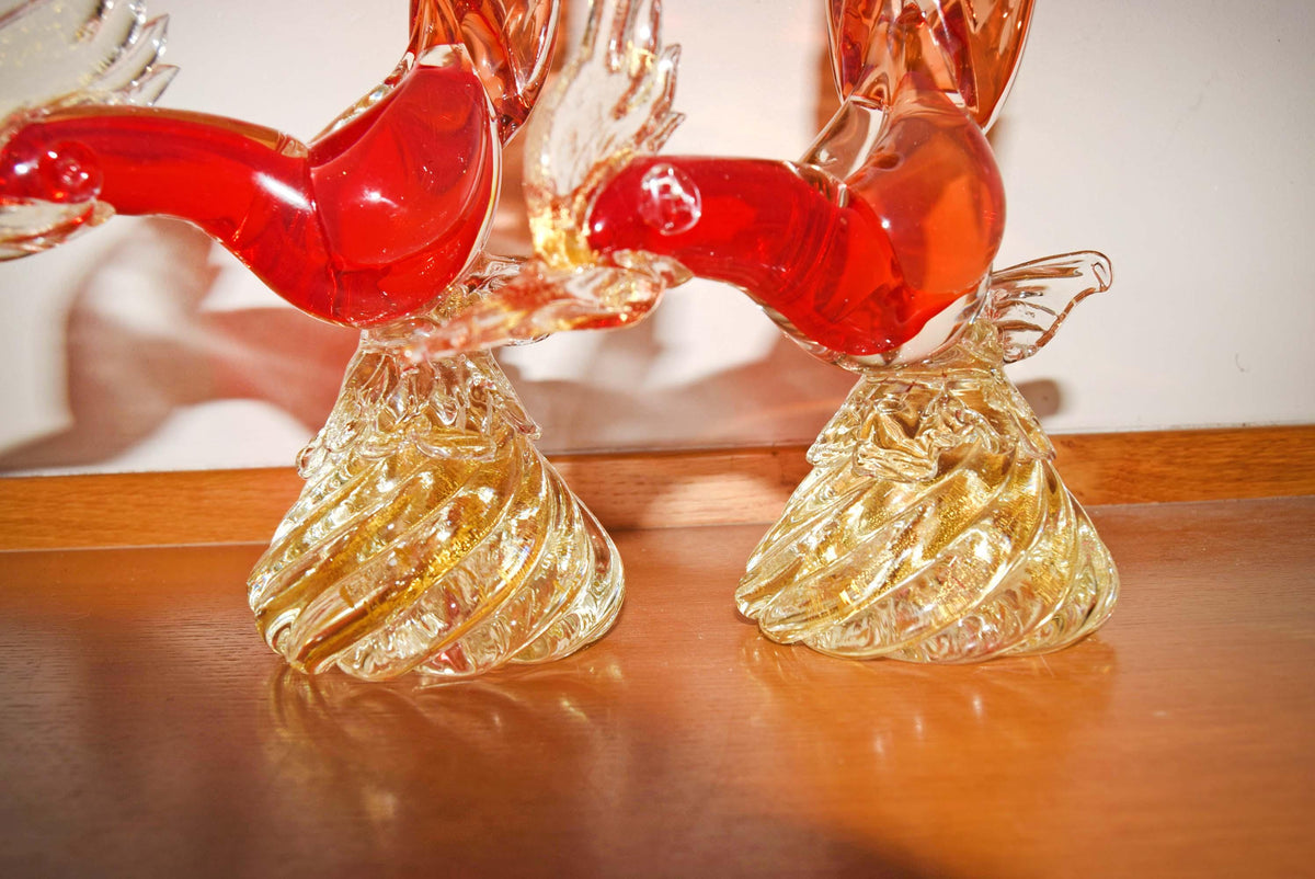 2 x Large Vintage Murano Glass Pheasant Birds - Red Sommerso & Gold Aventurine