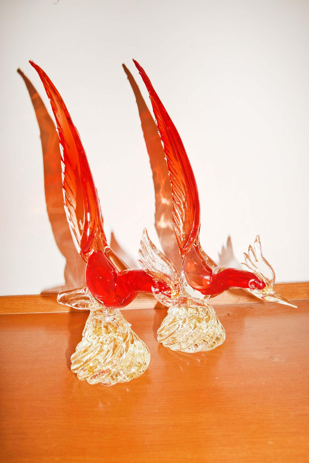 2 x Large Vintage Murano Glass Pheasant Birds - Red Sommerso & Gold Aventurine