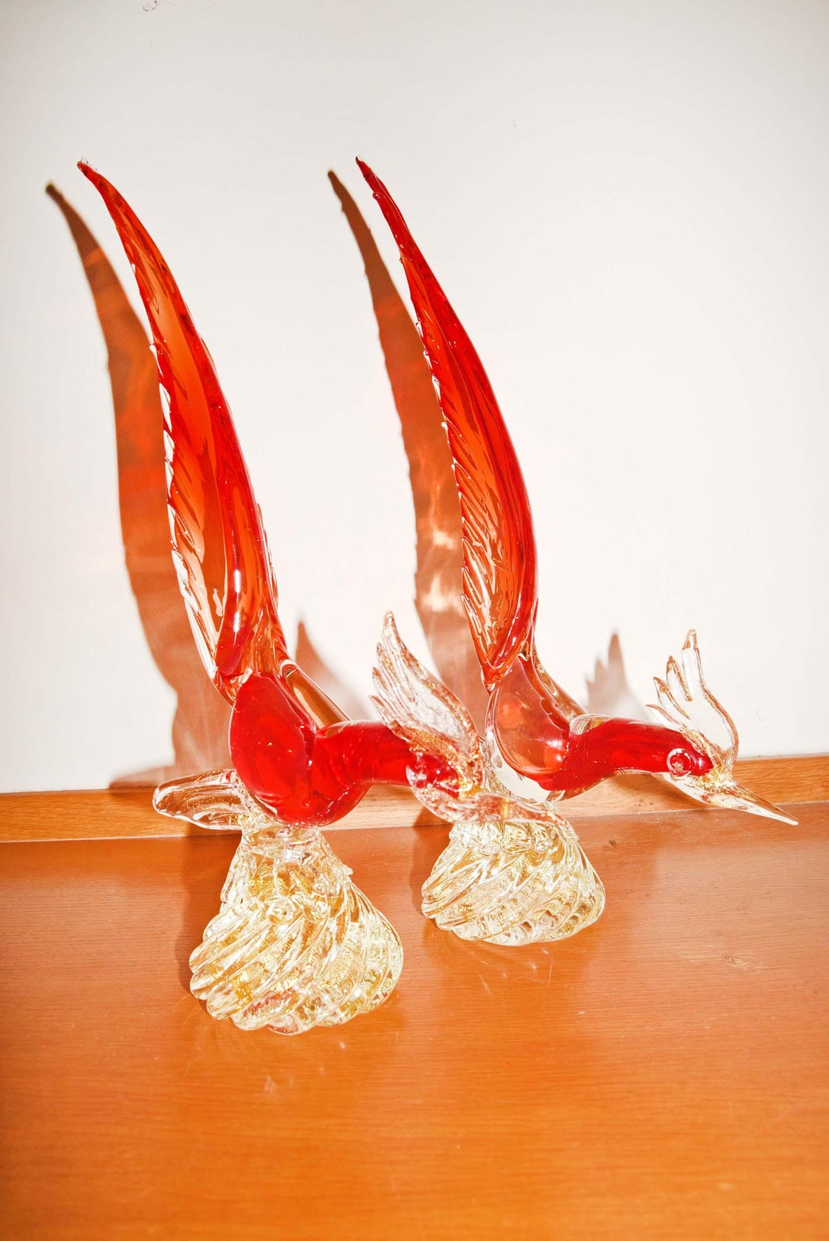 2 x Large Vintage Murano Glass Pheasant Birds - Red Sommerso & Gold Aventurine