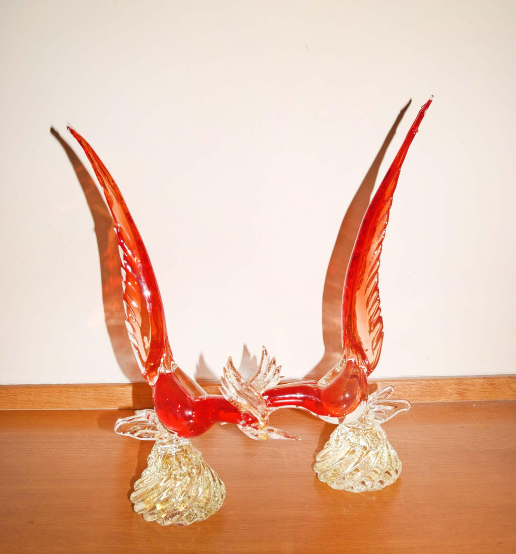 2 x Large Vintage Murano Glass Pheasant Birds - Red Sommerso & Gold Aventurine