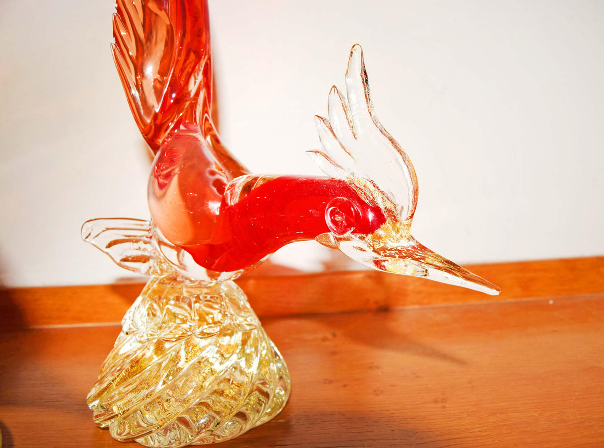 2 x Large Vintage Murano Glass Pheasant Birds - Red Sommerso & Gold Aventurine