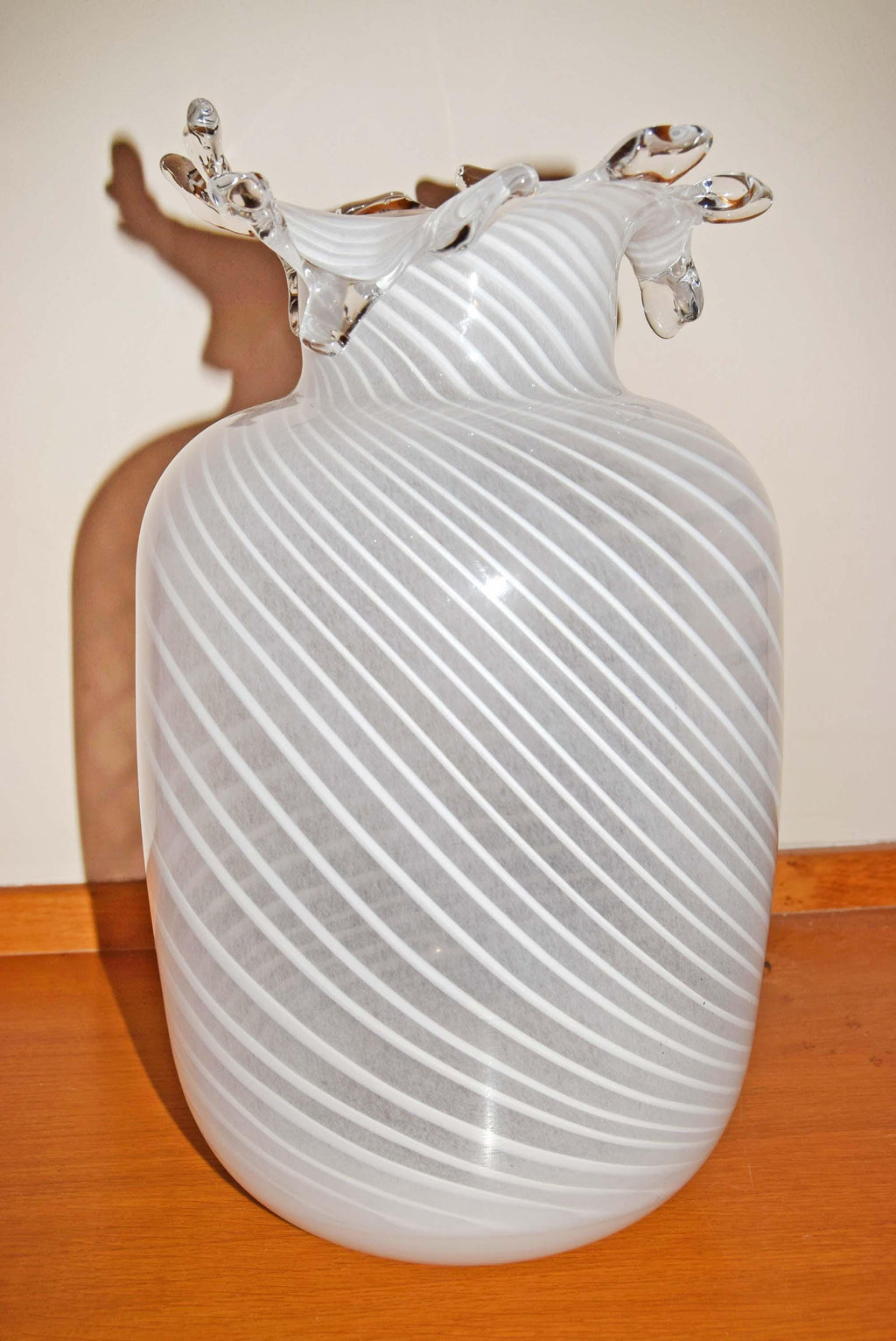 Vintage IKEA Art Glass Vase 13 inch - Mouth Blown White Swirl Lattimo Filigree Pattern, Rare Scandinavian Glass
