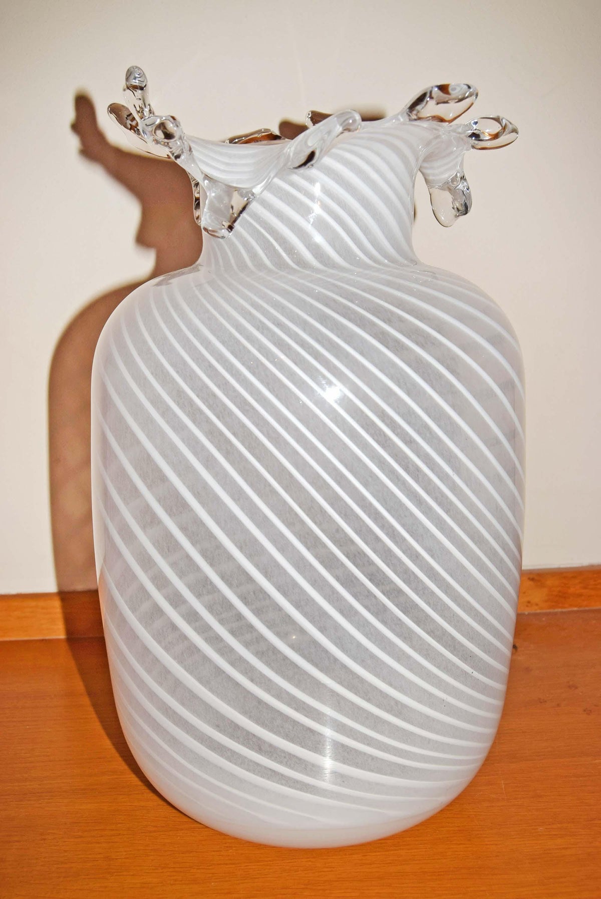 Vintage IKEA Art Glass Vase 13 inch - Mouth Blown White Swirl Lattimo Filigree Pattern, Rare Scandinavian Glass