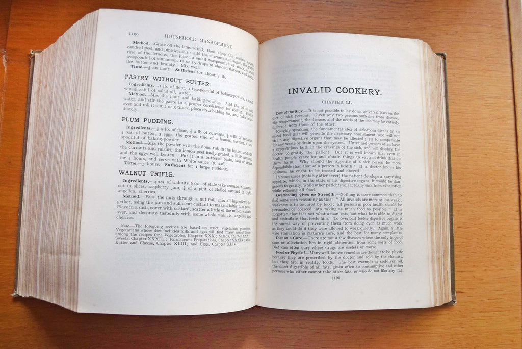 This is a highly sought-after 1923 edition of the quintessential British domestic guide. This specific edition marked a major historical milestone, heavily adapting recipes and household instructions for the post-WWI era—introducing early sections on labor-saving appliances and adapting to a world with fewer domestic servants. It features approximately 1,680 pages, beautiful vibrant color plates, and hundreds of black-and-white illustrations.