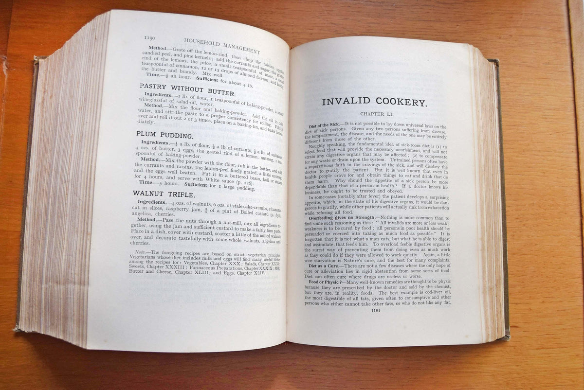 This is a highly sought-after 1923 edition of the quintessential British domestic guide. This specific edition marked a major historical milestone, heavily adapting recipes and household instructions for the post-WWI era—introducing early sections on labor-saving appliances and adapting to a world with fewer domestic servants. It features approximately 1,680 pages, beautiful vibrant color plates, and hundreds of black-and-white illustrations.